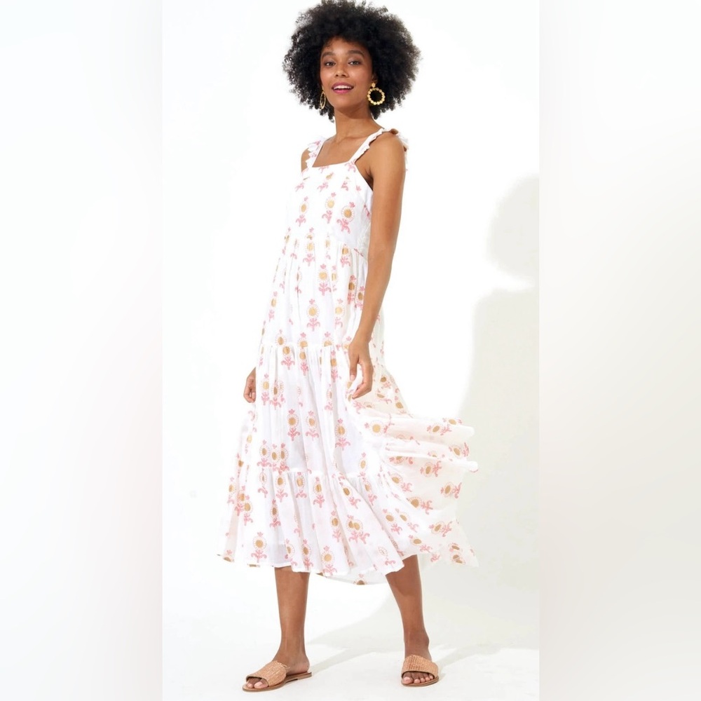 NEW OLIPHANT CROSS BACK MIDI LEELA PEACH Smocked back with gold accents